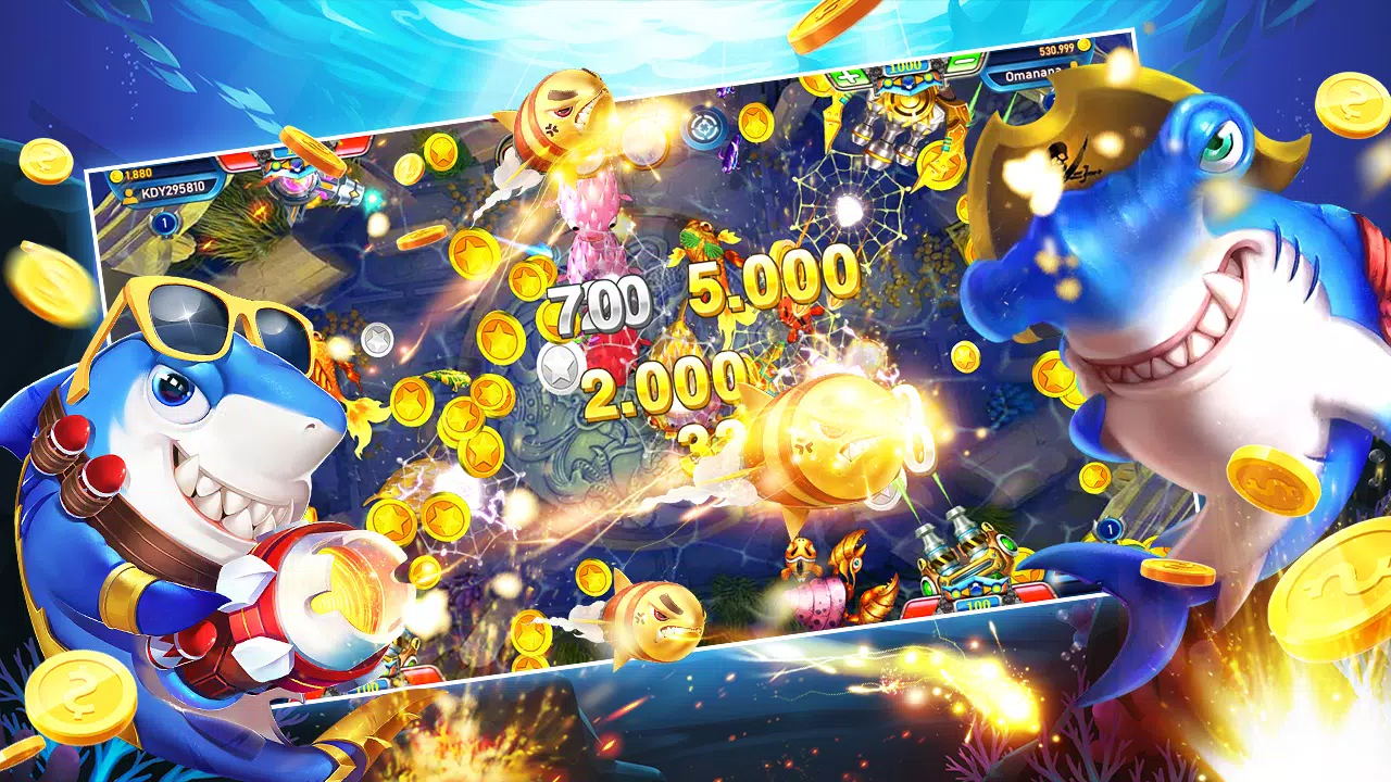 หน้าจอเกมยิงปลาธีมใต้น้ำพร้อมเป้าหมายหลากหลายชนิด